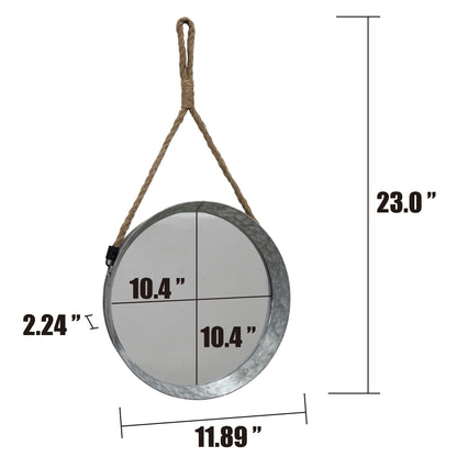 Stonebriar Rustic Round Galvanized Metal Mirror with Rope Hanging Loop ; Farmhouse Home Decor ; For Bathroom, Bedroom, and Living Room, 11.9", Grey
