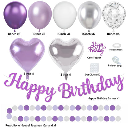 Purple Silver Birthday Party Decorations Kit with Happy Birthday Banner, Paper Lanterns, Streamers, Tissue Pom Poms, Honeycomb Flower Fans, Silver and Purple Balloons, & More for Women Girls' Party