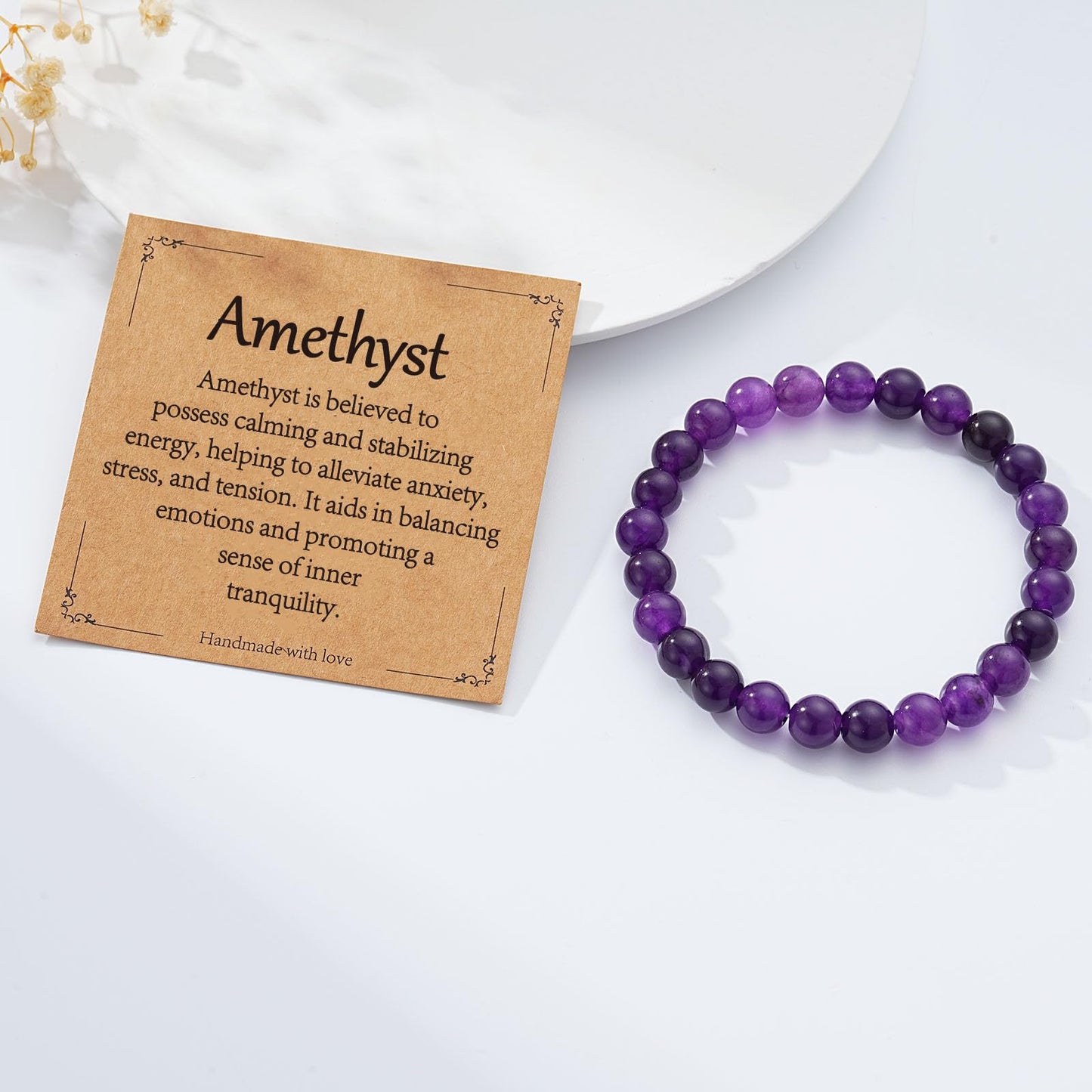 Gnamy Amethyst Beaded Bracelet for Women, Natural Purple Crystal Bracelet Healing Anxiety Protection Birthday Valentines Christmas Jewelry Gifts for Daughter Her Mom Girlfriend Best Friend Bestie