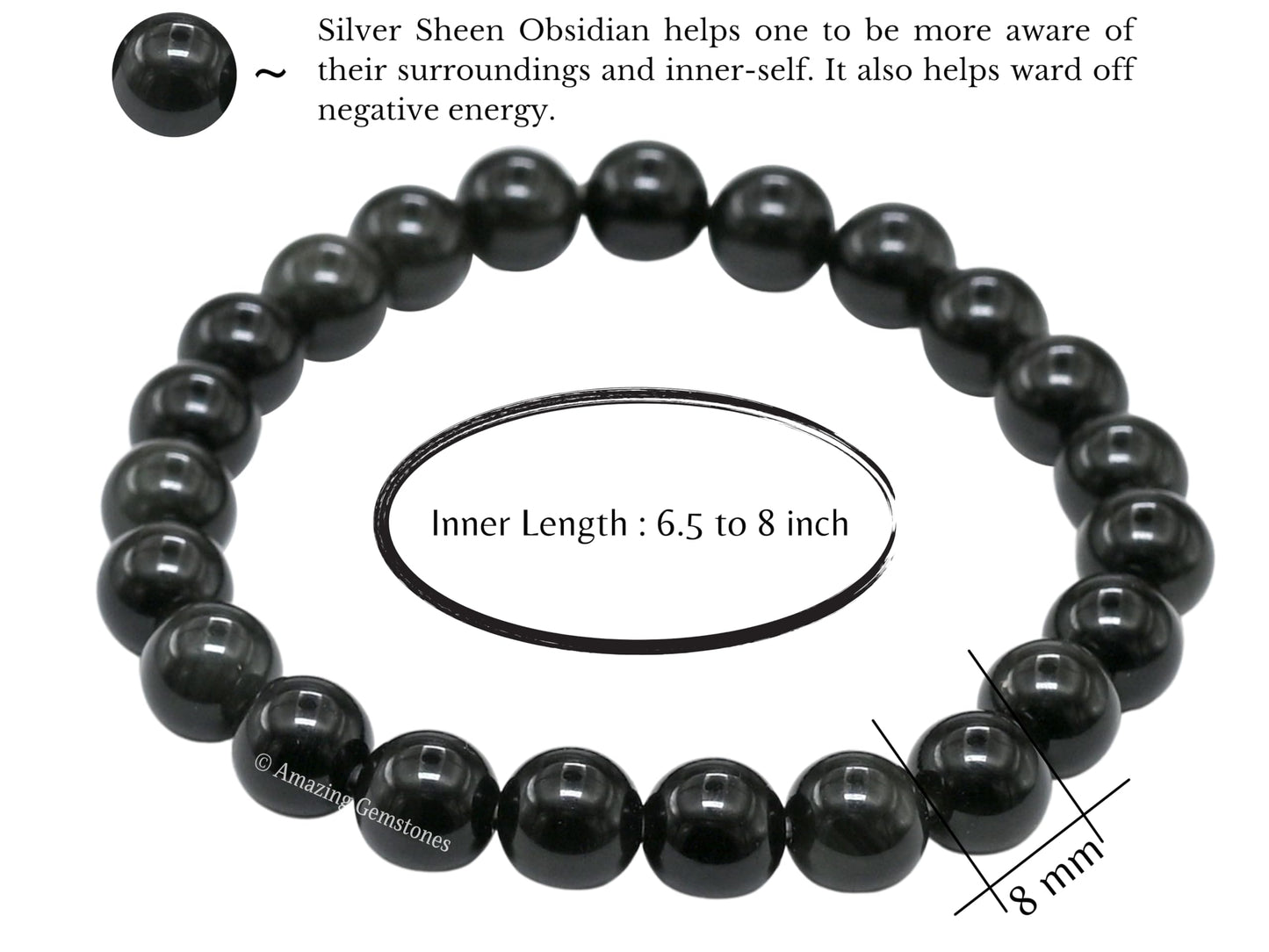Amazing Gemstone Crystal Bracelet for Women Men's Gifts - Protection Healing Crystal Bracelet - 8mm Gemstone Beaded Stretchable Bracelet Pulseras Para Hombres Mujer Stocking Stuffers Mothers Day Gift (Silver Sheen Obsidian)