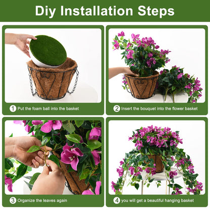 Homsunny Artificial Hanging Flowers Plants Basket for Outdoor Decoration,4 PCS Faux Silk Bougainvillea Vine Flowers Look Real UV Resistant for Outside Porch Patio Yard Garden Decor (Purple)