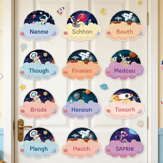 5.3X3 inch Astronaut Classroom Desk Toppers Nameplates Student Desk Tags 50Pcs Outer Space Themed Desk Name Tags Watercolor Manuscript Name Plates Card for Classroom Bulletin Board