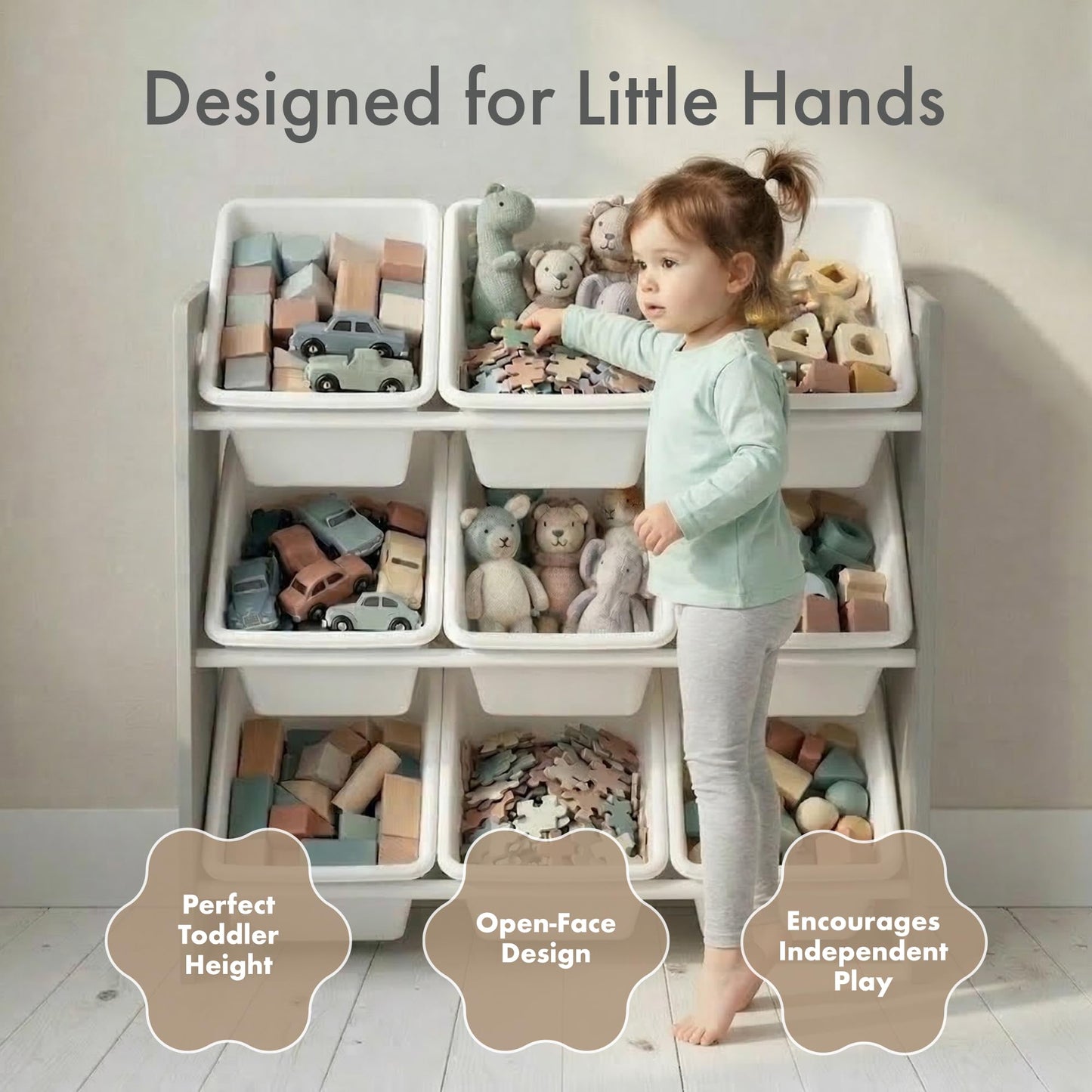 Humble Crew Toy Storage Organizer with 9 Removable Storage Bins for Kids Playroom, 3-Tier Toddler Toy Organization and Storage, Grey/White