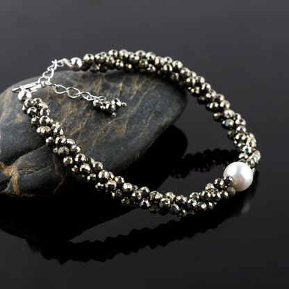CRYSTALIS Natural Pyrite Beads Twisted Rope Bracelet with Elegant Pearl, High Grade Gemstones, Chakra Healing Stones, Gift Giving Womens Jewelry, 925 Sterling Silver Bracelet 8 inch
