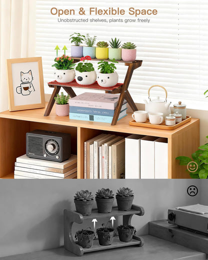 Jotboom 2 Tier Small Wood Plant Stand for Desktop, X-Frame Windowsill Plant Shelf Indoor, Table Top Mini Ladder Flower Pot Holder Display Rack for Succulent, Herbs, Decorations, Kitchen Spices