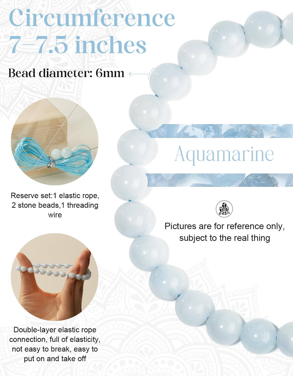 Landorilo Beaded Bracelet for Men Women, 6mm Natural Stone Aquamarine Healing Crystal Stretch Bracelets, Ideal Christmas Birthday Jewelry Gifts with Energy Card，Replacement Beads Included