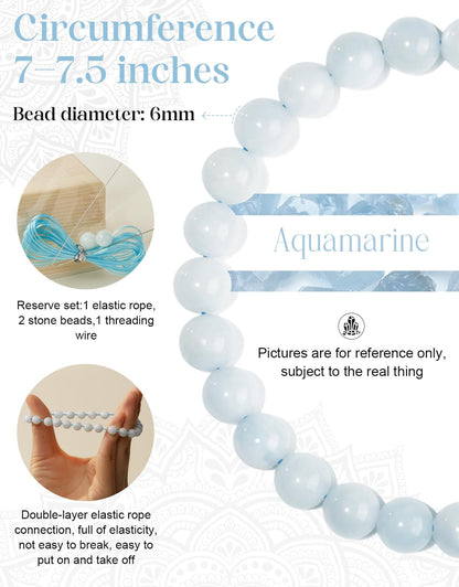 Landorilo Beaded Bracelet for Men Women, 6mm Natural Stone Aquamarine Healing Crystal Stretch Bracelets, Ideal Christmas Birthday Jewelry Gifts with Energy Card，Replacement Beads Included