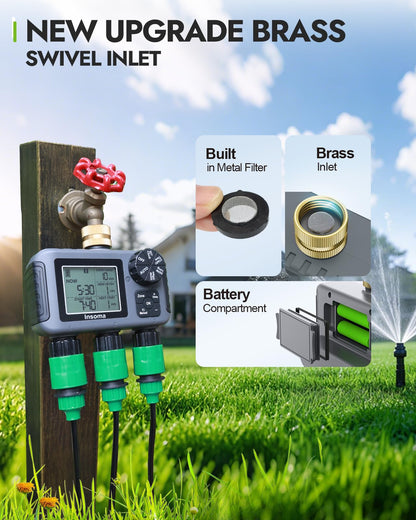 Insoma 3-Zone Sprinkler Timer with Brass Inlet + IPX5 Waterproof | Programmable Auto/Manual Irrigation Mode with Rain Delay & Large LCD | Water Hose Timer 3 Outlets for Garden, Lawn, Yard, Pool