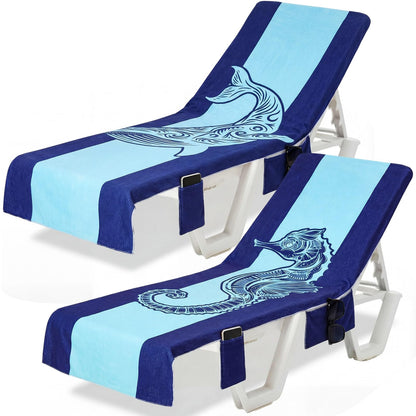 Hillsuren 2 Pcs Pool Lounge Chair Towel Cover with 3 Pockets, 85 x 30 Inch Beach Pool Chair Towels Microfiber Chaise Lounge Covers for Outdoor Summer Sunbathing Beach Garden Lounger(Haima Whale)