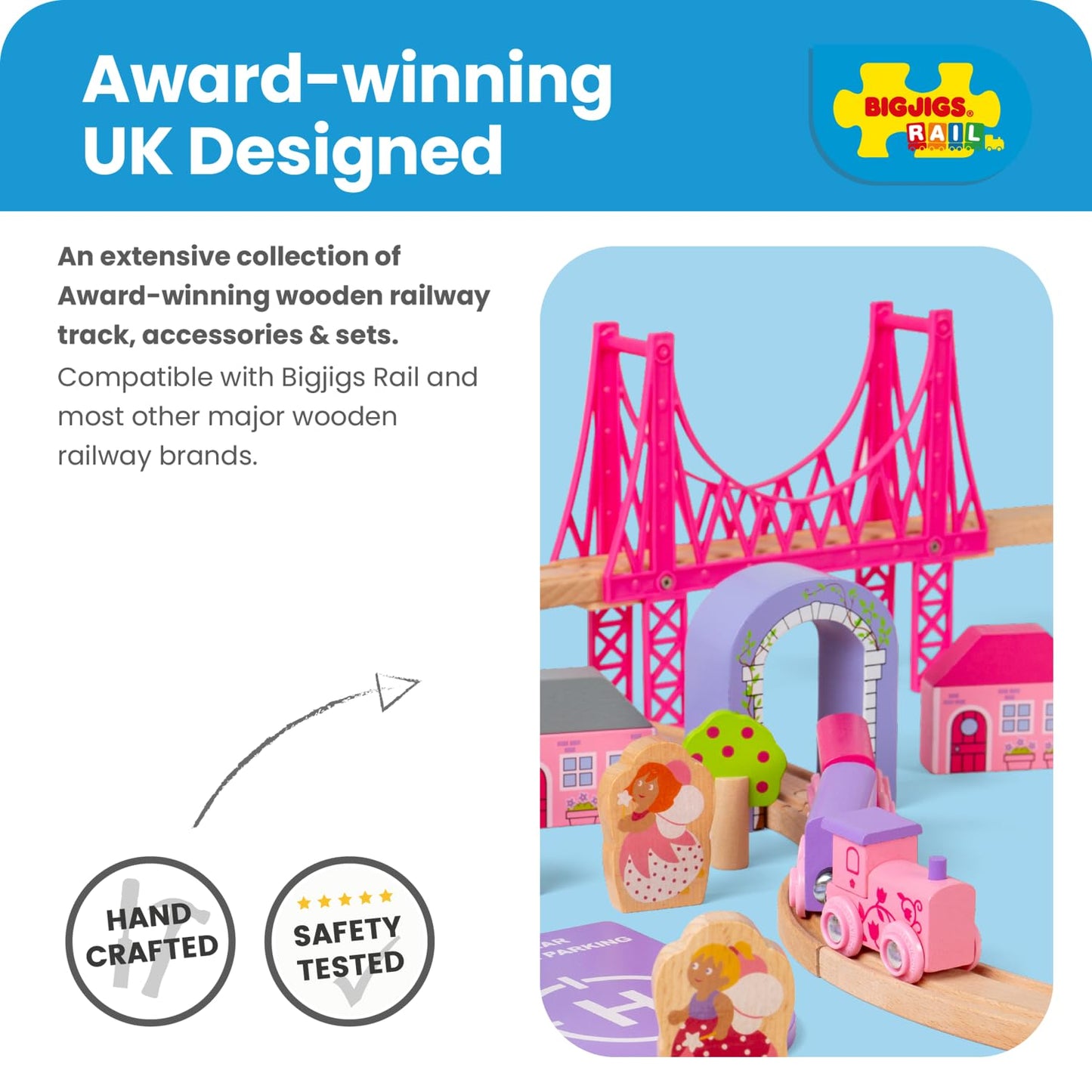 Bigjigs Rail Fairy Town Wooden Train Set | Railway Toy for Kids Age 3+ | Wood Track with Model Fairytale Village | Comes with Pink Wood Accessories & Figures | Educational Gift for Girls and Boys