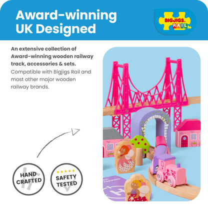 Bigjigs Rail Fairy Town Wooden Train Set | Railway Toy for Kids Age 3+ | Wood Track with Model Fairytale Village | Comes with Pink Wood Accessories & Figures | Educational Gift for Girls and Boys