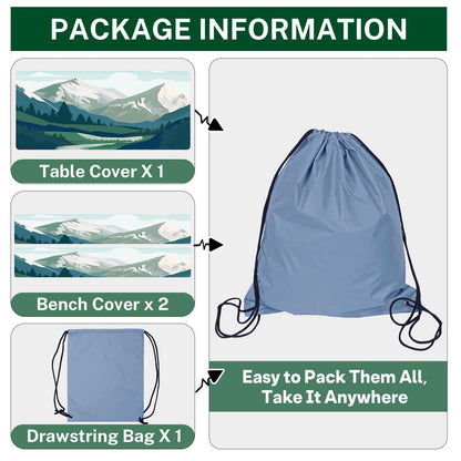Britown 3 Piece Fitted Picnic Table Cover with Bench Covers, 72"x30" Full Elastic Edge Camping Tablecloth, Waterproof Wipeable RV Outdoor Patio Park Camping Essentials With Drawstring Bag (Mountain)