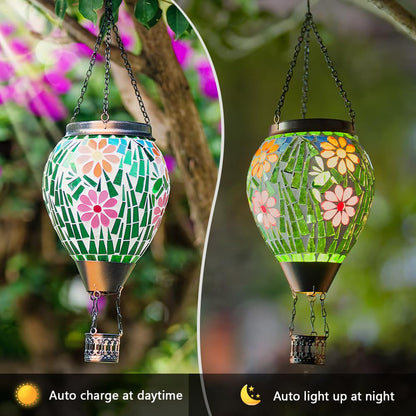 Giole Mosica Hot Air Balloon Solar Lantern, Flower Pattern Glass Hanging Solars Lanterns Outdoor Waterproof Decorative Solar Light for Garden, Yard, Patio Decor