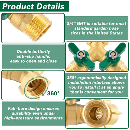 Cekwiet Heavy Duty Garden Hose Splitter 2 Way, Brass Full Flow Y Hose Splitter with Thickened Easy-Turn Handle, 3/4" GHT Outdoor Faucet Connector with Shut-Off Valves