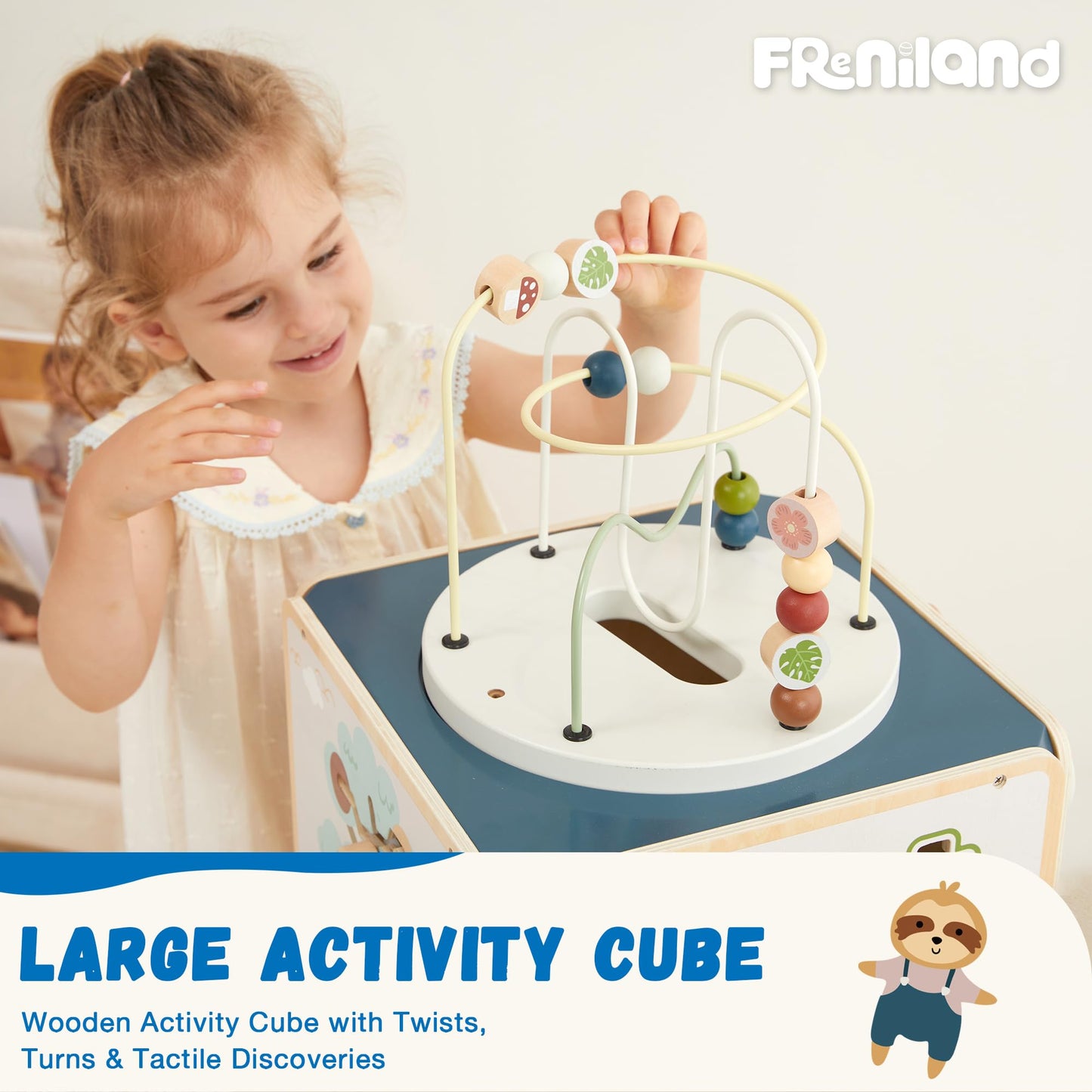 FReniland Wooden Activity Cube，Five Sided Montessori Toys，Sensory Toy for Toddler，Gift for Boys and Girls Over 18 Months