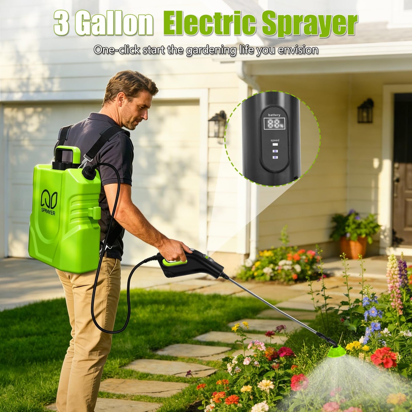 Battery Powered Backpack Sprayer 3 Gallon, Garden Sprayer with 3 Adjustable Pressures & Digital Display, Electric Pump Sprayer with 2.2Ah Battery, Telescopic Wand, 5 Nozzles for Yard Lawn