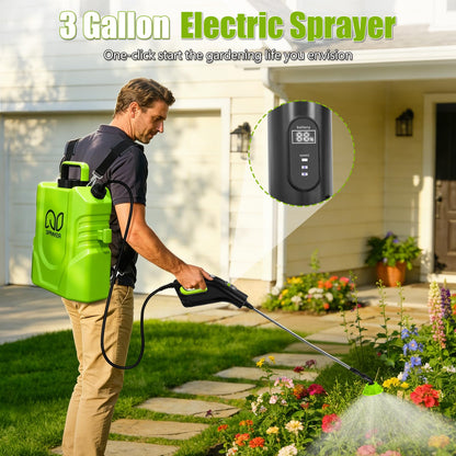 Battery Powered Backpack Sprayer 3 Gallon, Garden Sprayer with 3 Adjustable Pressures & Digital Display, Electric Pump Sprayer with 2.2Ah Battery, Telescopic Wand, 5 Nozzles for Yard Lawn