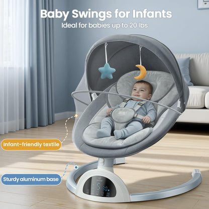 GAEZAP Electric Baby Swing for Infants, Portable Infant Swing with Music Speaker, 5 Swing Speeds, Remote Control, for Indoor Use, Newborn Boys & Girls, White