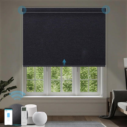 WEFFORT Motorized Roller Shade, 100% Blackout Smart Window Blinds Work with Homekit, Alexa, Google Home, Remote Control, Electric Blinds with USB/Solar Pannel,Dark Eclipse Black