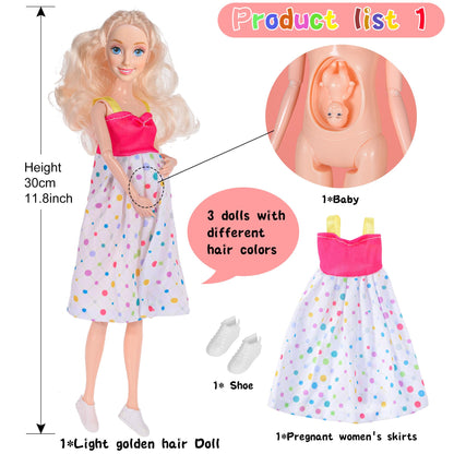 dollbie 3-Pack 11.5 inch Pregnant Dolls - Fashion Dolls with Interchangeable Pregnant and Normal Bellies - Includes 3 Dolls, 3 Dresses, 3 Babies