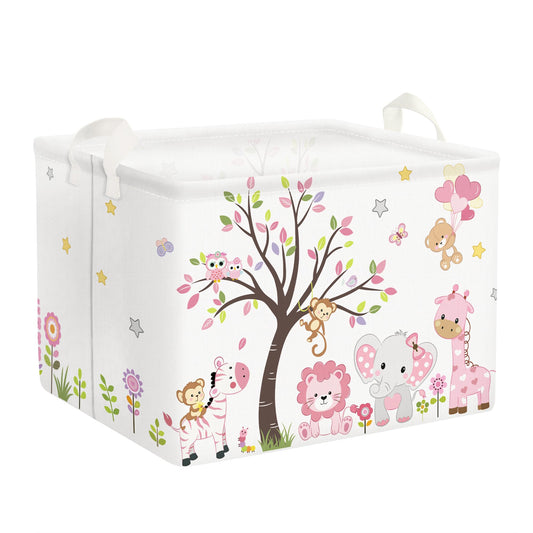 Clastyle Collapsible Large Pink Woodland Animal Baby Girl Bakset Jungle Animals Lion Giraffe Book Shelf Basket with Handle Rectangle Toy Clothes Cube Storage Basket for Kids Room
