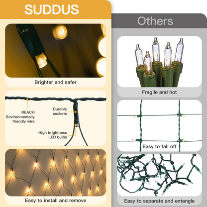 suddus 360 LED Christmas Net Light, Net Lights Outdoor,12ft x 5ft Bush Lights Outdoor Waterproof Connectable Green Wire for Bushes, Lamn, Trees, Christmas Decoration, Warm White