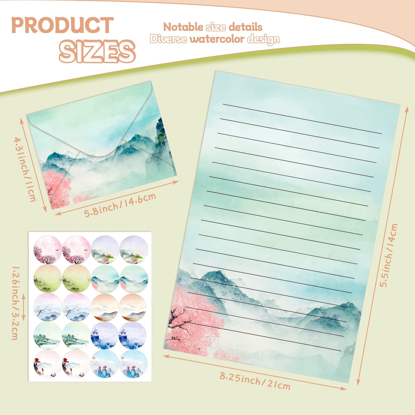 TaoBary 160 Pcs Stationery Paper Set 50 Double Sided Stationery Papers with 50 Matching Envelopes and 60 Round Dot Sticker, 10 Design(Ink Painting,5.5 x 8.25 Inch)