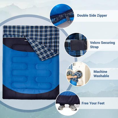 WKFAMOUT Cotton Flannel Double Sleeping Bag for Adults Machine Washable 2 Person Camping Sleeping Bag Queen Size Waterproof with Compression Sack for Cold Weather 3-4 Seasons