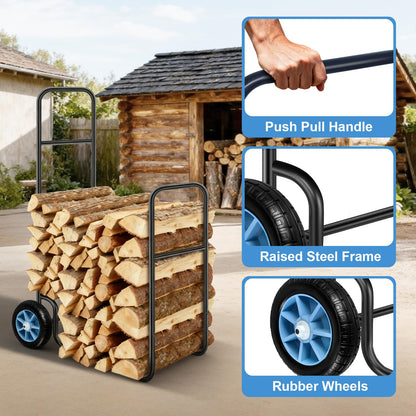 Meyoppm Firewood Log Cart Carrier with Pneumatic Rubber Wheels, 250 lbs Load Capacity Firewood Rack Cart, Firewood Log Cart Suitable for Indoor and Outdoor Mobile Wood(Black)
