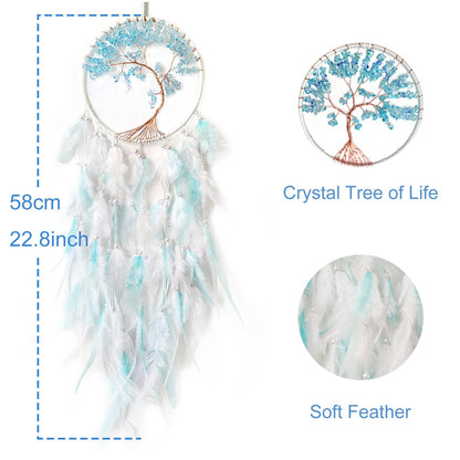 SOYUZU White and Cyan Dream Catcher Wall Decor Crystal Tree of Life Dream Catchers Handmade Feather Dreamcatcher Wall Hanging Ornament for Bedroom Living Room Home Decor
