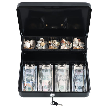 xydled Cash Box with Money Tray and Key Lock,Tiered, Cantilever Design,4 Bill / 5 Coin Slots,11.8" x 9.5" x 3.5",Black