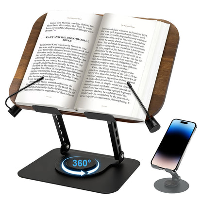 Diesisa Book Stand for Reading: Wooden Book Holder with 360° Rotating Metal Base - Adjustable Book Holder Stand with Elastic Clips for Cookbook, Recipe, Magazine, Laptop,Tablet, for Kitchen, Office