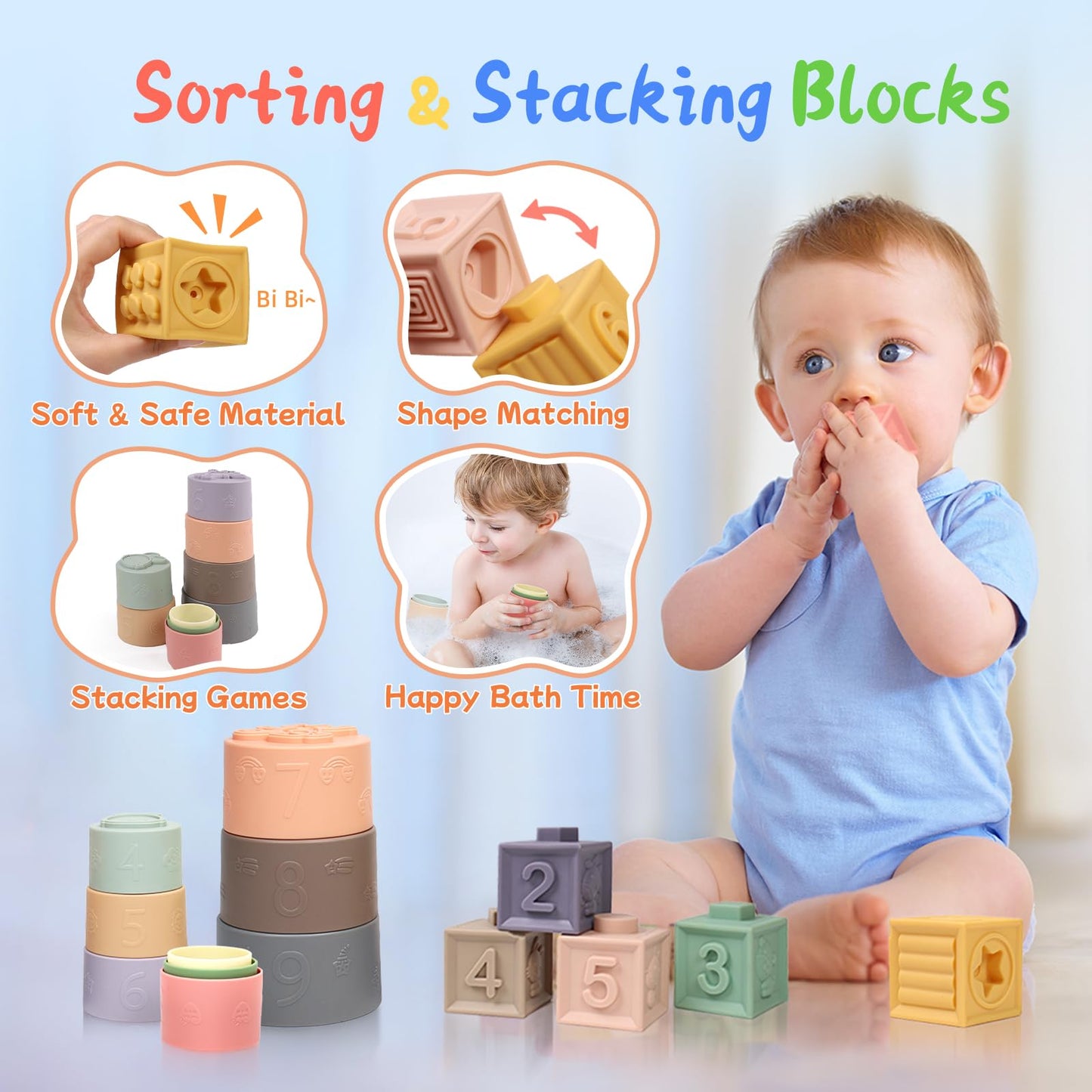 MTTIERY Baby Toys 6-12 Months, 6 in 1 Montessori Toys for Toddlers 1-3, Infant Sensory Pull String Toy, Fidget Spinners Soft Baby Blocks Stacking Cups, Baby Gifts for 1 Year Old