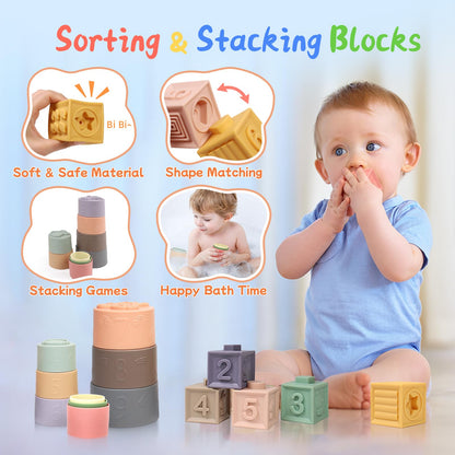 MTTIERY Baby Toys 6-12 Months, 6 in 1 Montessori Toys for Toddlers 1-3, Infant Sensory Pull String Toy, Fidget Spinners Soft Baby Blocks Stacking Cups, Baby Gifts for 1 Year Old