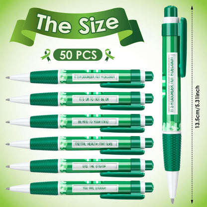 Lincia 50 Pcs Mental Health Awareness Items Green Ribbon Message Pens World Mental Health Day Retractable Ballpoint Pen for School Nonprofit Organization Charity Classroom Supply 1.0 mm Black Ink
