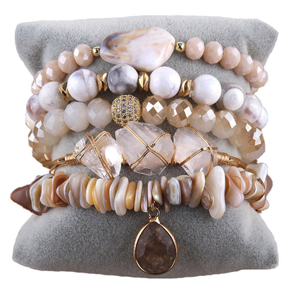 Yomisa 5PCS Natural Boho Beaded Bracelets Bangle for Women,Healing Beige Agate Shell Crystal Gemstone Stone Diamond Chakra Multi Wrap Bohemian Handmade Jewelry Beads Stretch Bracelet Set for Womens