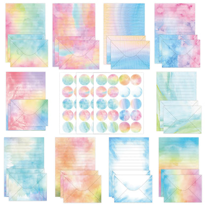 AUSTARK 160 Pieces Stationery Set (50 Pieces Lined Stationery Paper 8.25 x 5.5 Inch, 50 Pieces Envelopes, 60 Sealed Stickers) for Letter Writing (Watercolor)