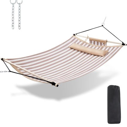TegerDeger Anti-flip 12FT Hammock Large Hammock 450LB Capacity with Iron Spreader Bar & Nylon Rope for Outside, Patio, Garden, Backyard, Beach - Beige Strips