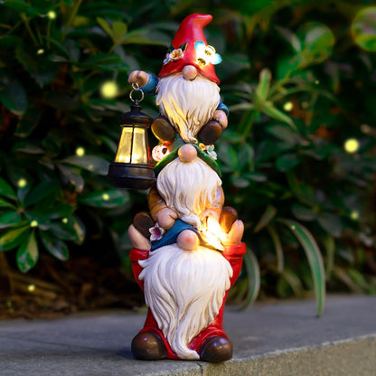 twinbling Garden Gnome Statue with Solar Lights Garden Sculptures Funny Triple Gnome Outdoor Patio Lawn Yard Balcony Home Decor Birthday Gift for Mom Woman Grandma 12 in Mothers Day Gnomes