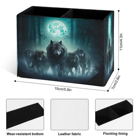 Famame Wolf Night Moon Pencil Holder for Desk, Leather Desktop Container Pen Cup Storage Study Table Pen Organizer Makeup Brush Holder for Classroom Office Home