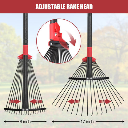 Garden Rake for Leaves: 55 Inch Adjustable Long Handle 18 Metal Tines with 8-17" Expandable Head Heavy Duty Metal Rake for Lawns Leaves Yard Grass Camping Debris
