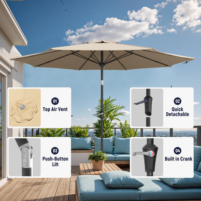 Benass 9ft Outdoor Patio Umbrella with One Push Button Tilt and Crank, 8 Sturdy Fiberglass Ribs Market Table Umbrella (Beige)