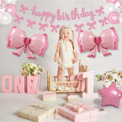 Phoaxul Cute Pink Bow Birthday Decorations for Girls, Glitter Happy Birthday Banner, Bow Balloons, Pink Party Decorations for Women, Baby Girl Shower, Princess Bday Party Supplies