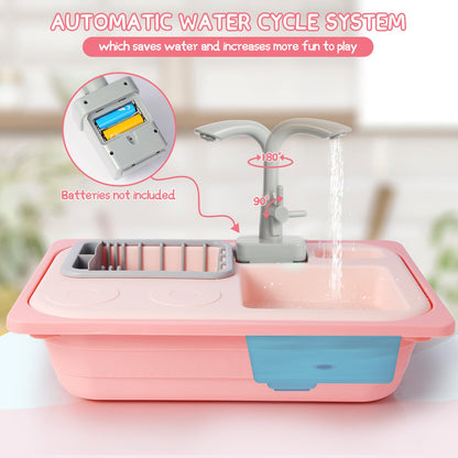 Asweets Color Changing Kitchen Sink Toys, Toddler Sink Toys with Running Water, Pretend Play Toys with Upgraded Faucet, Automatic Water Cycle System (Pink)