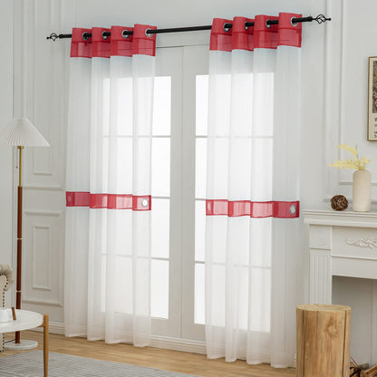 L.Z.E Red and White Sheer Curtains 84 Inches Long 2 Panels Set, Transparent Voile Window Drapes for Living Room & Dining Room with Classic Design, Elegant Grommet Curtain with Tieback