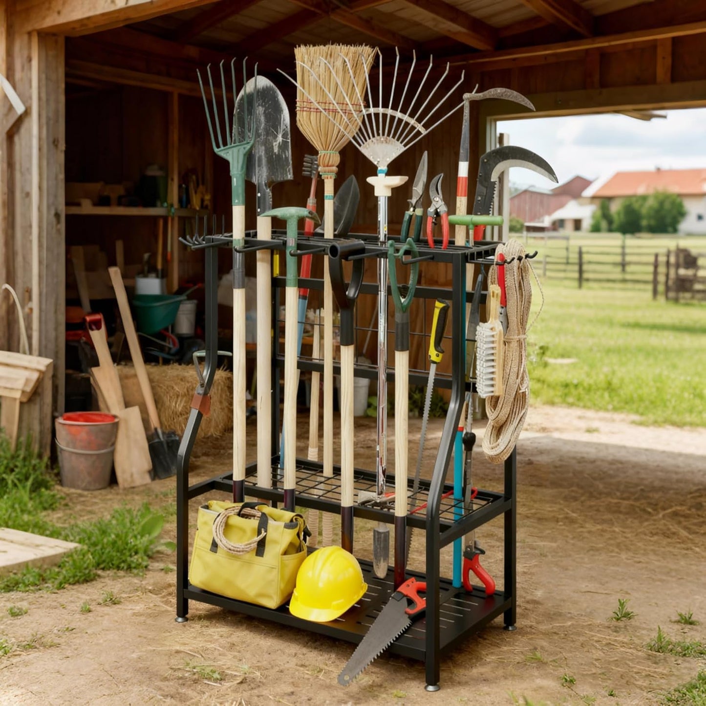YIZAIJIA Garden Tool Organizer Holder Heavy Duty Steel Rack Up to 60 Long Handled Tools for Garage Shed Outdoor Garden Yard Black
