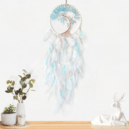 SOYUZU White and Cyan Dream Catcher Wall Decor Crystal Tree of Life Dream Catchers Handmade Feather Dreamcatcher Wall Hanging Ornament for Bedroom Living Room Home Decor