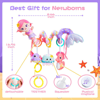Koty Carseat Toys Hanging, Pink Mermaid Stroller Toys for Babies 0-6 Months, Baby Car Seat Toy with Crinkle, Teether, Music Box, Rattle, BB Squeaker for Babies Boys Girls Gifts (Pink Mermaid)