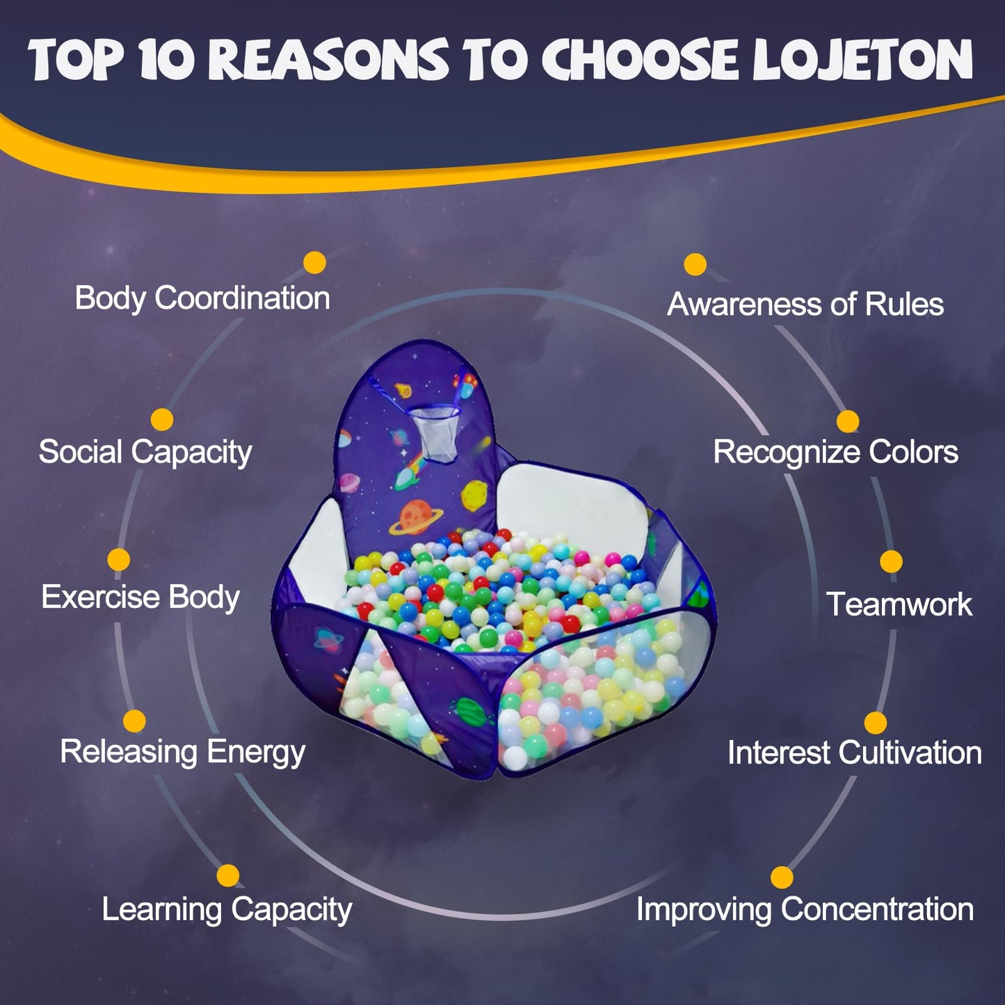 LOJETON Kids Ball Pit, Pop Up 3+Children Play Tent, Toddler Ball Pool Baby Crawl Playpen with Basketball Hoop, Portable Toys for Girls Boys, 4 ft / 120 cm, Balls Not Included, Spaceship