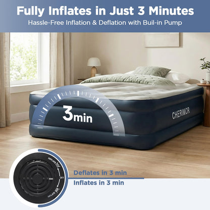 CHERIMOR Queen Air Mattress with Built in Pump, 18" Elevated Height, 48Hr Leak-Tested, Honeycomb Coil Support, 800 lbs Capacity, Fast 3-Min Inflation Blow Up Mattress for Guest Room & Sleepover